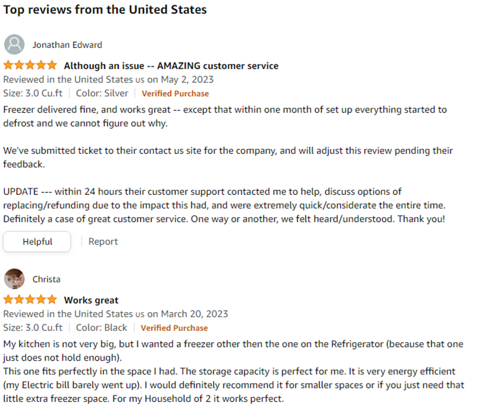 Copies of Customer reviews from Amazon