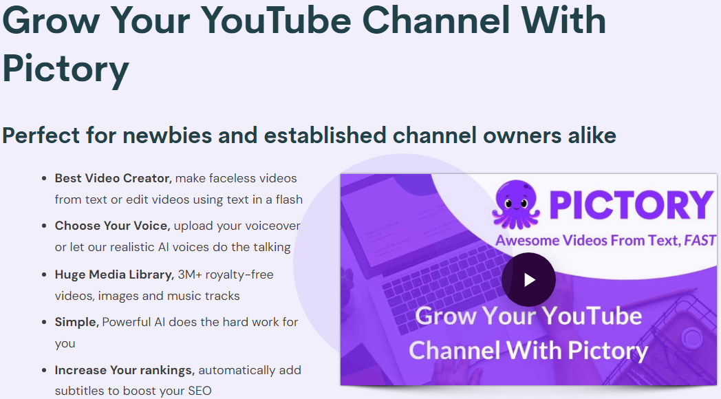 Image of banner showing the ways to use Pictory to make YouTube videos