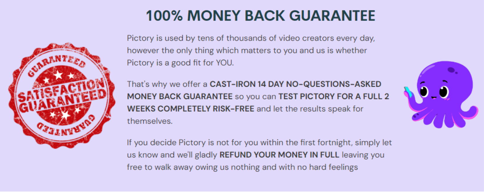 Image of money back guarantee for Pictory.ai