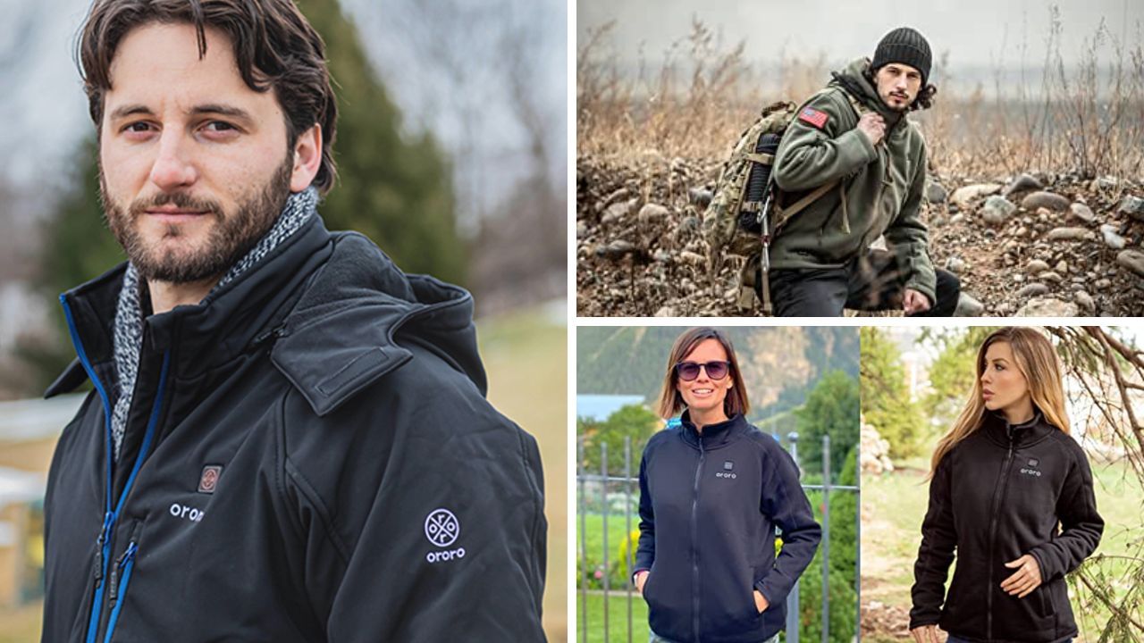 Several photos of individuals wearing the best-heated-jacket