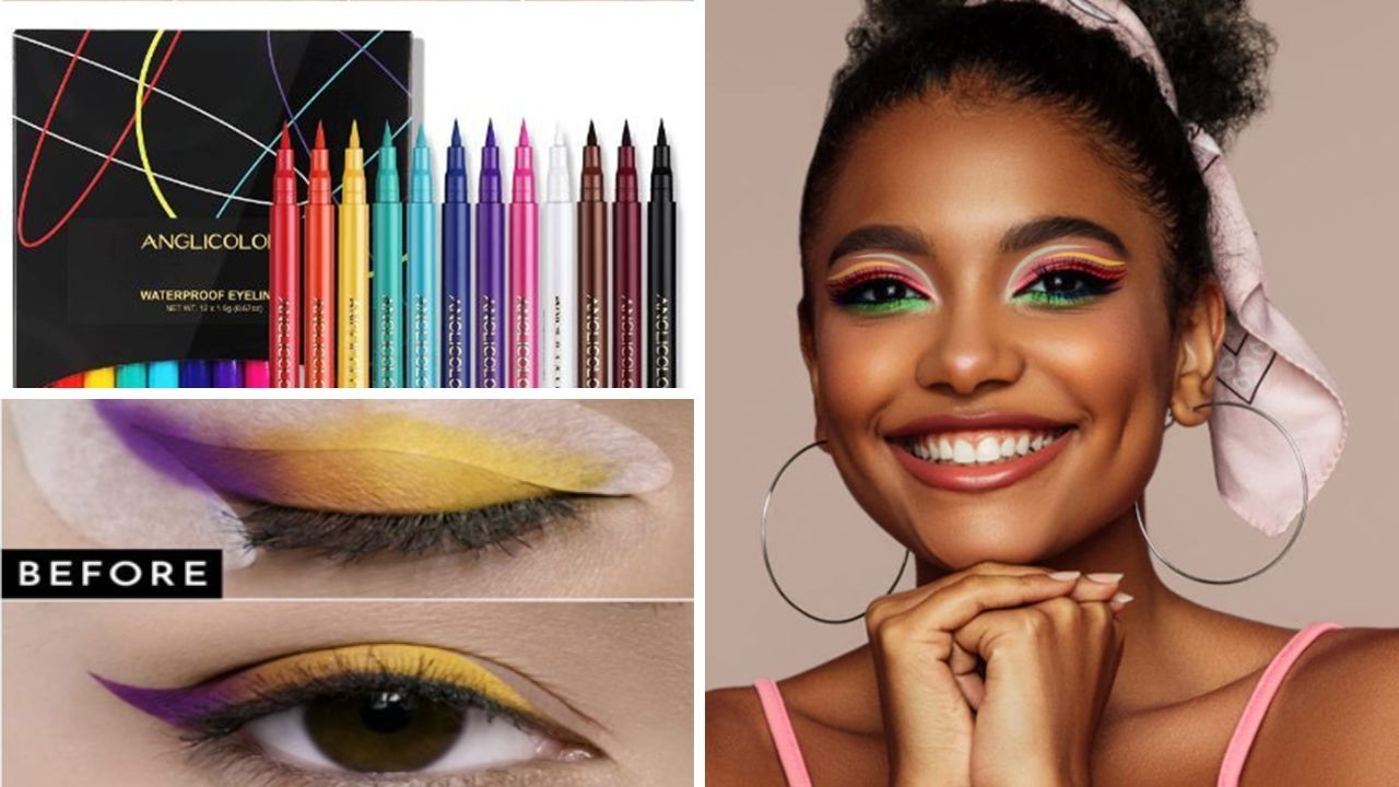 Several images of graphic-eyeliners and a beautiful girl with gorgeous eyes.