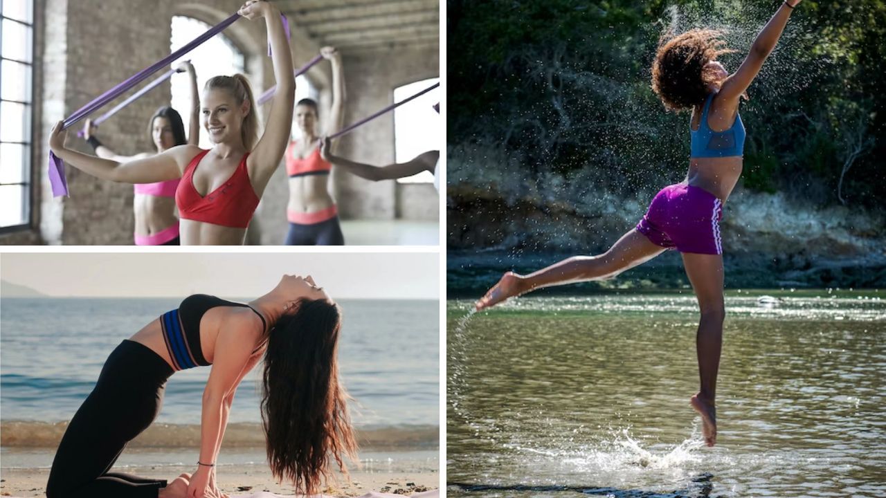 Photos of several woman exercising wearing a sports bra