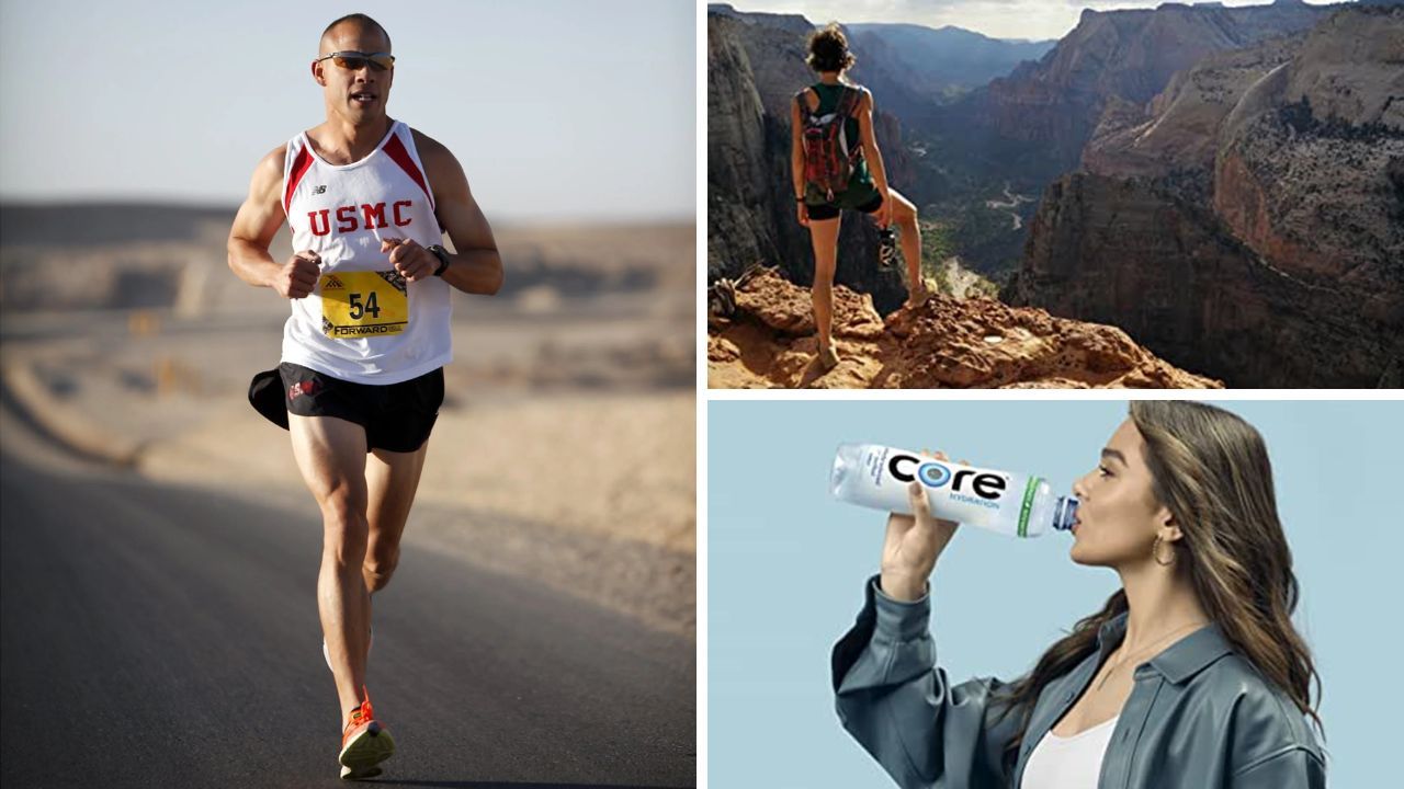 Photos of various people consuming water while running or hiking.