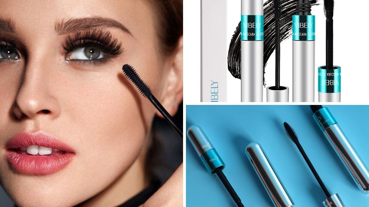 Multiple images of Vibely Mascara product and model.