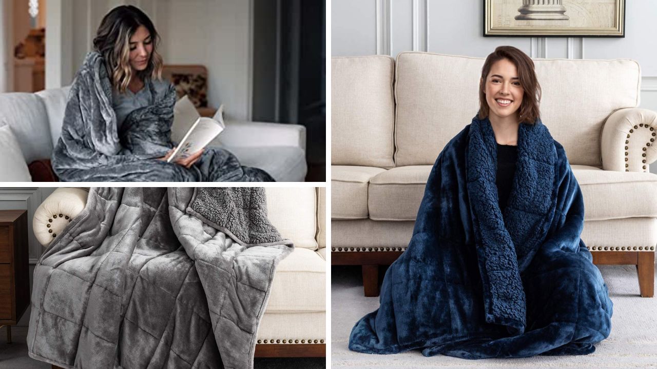 Images of weighted blankets in different settings.