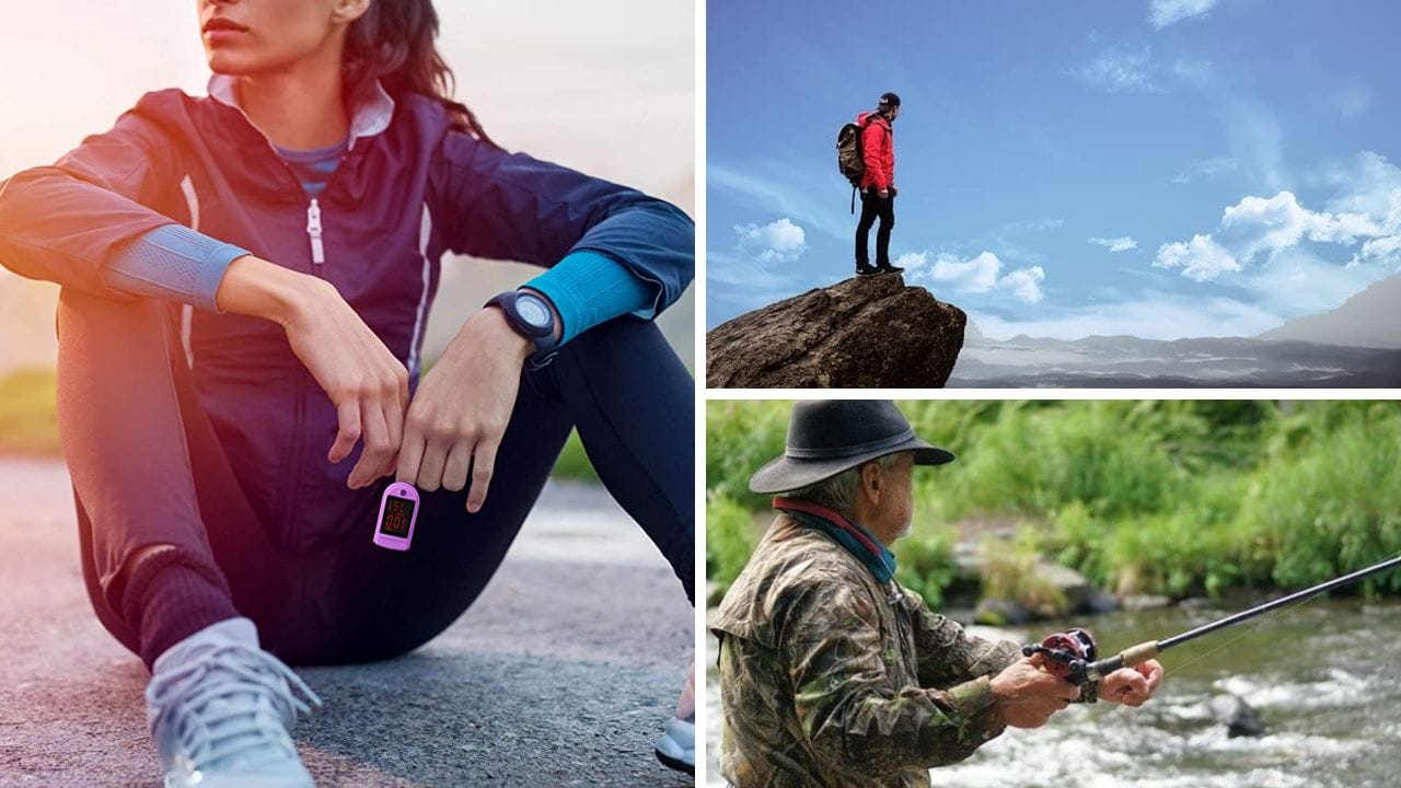 A runner, hiker, and fisherman all using a pulse oximeter to monitor their health
