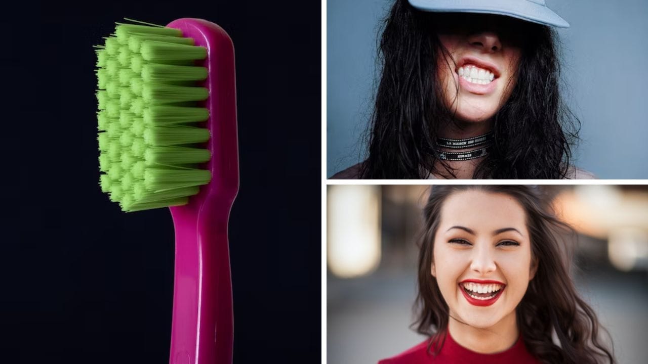 Multi images of toothbrush and big smiles with white teeth.