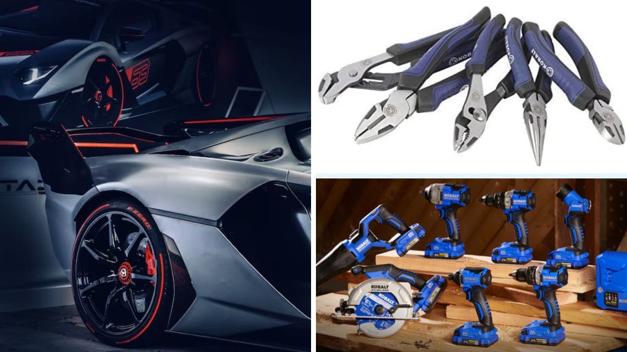 Photos of Kobalt power and hand tools and racing car.