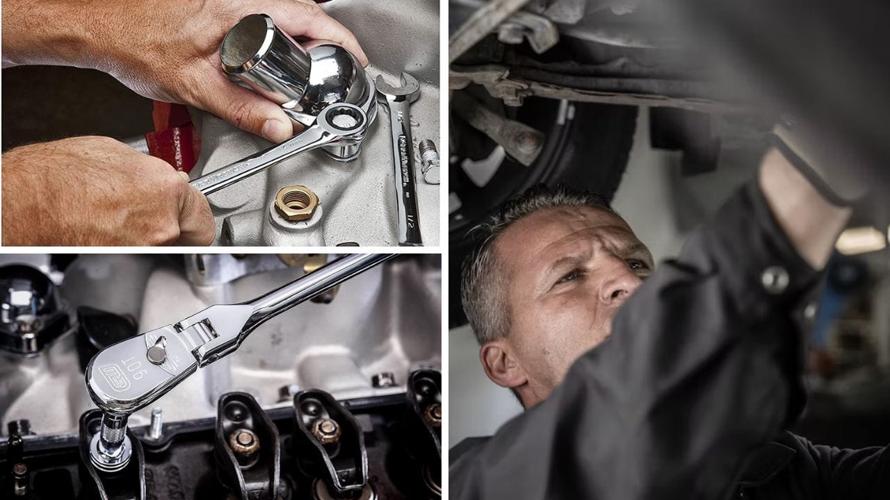 Photos of master mechanics working and turning wrenches.