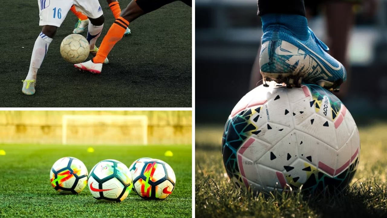 Photos of several soccer balls under playing conditions.