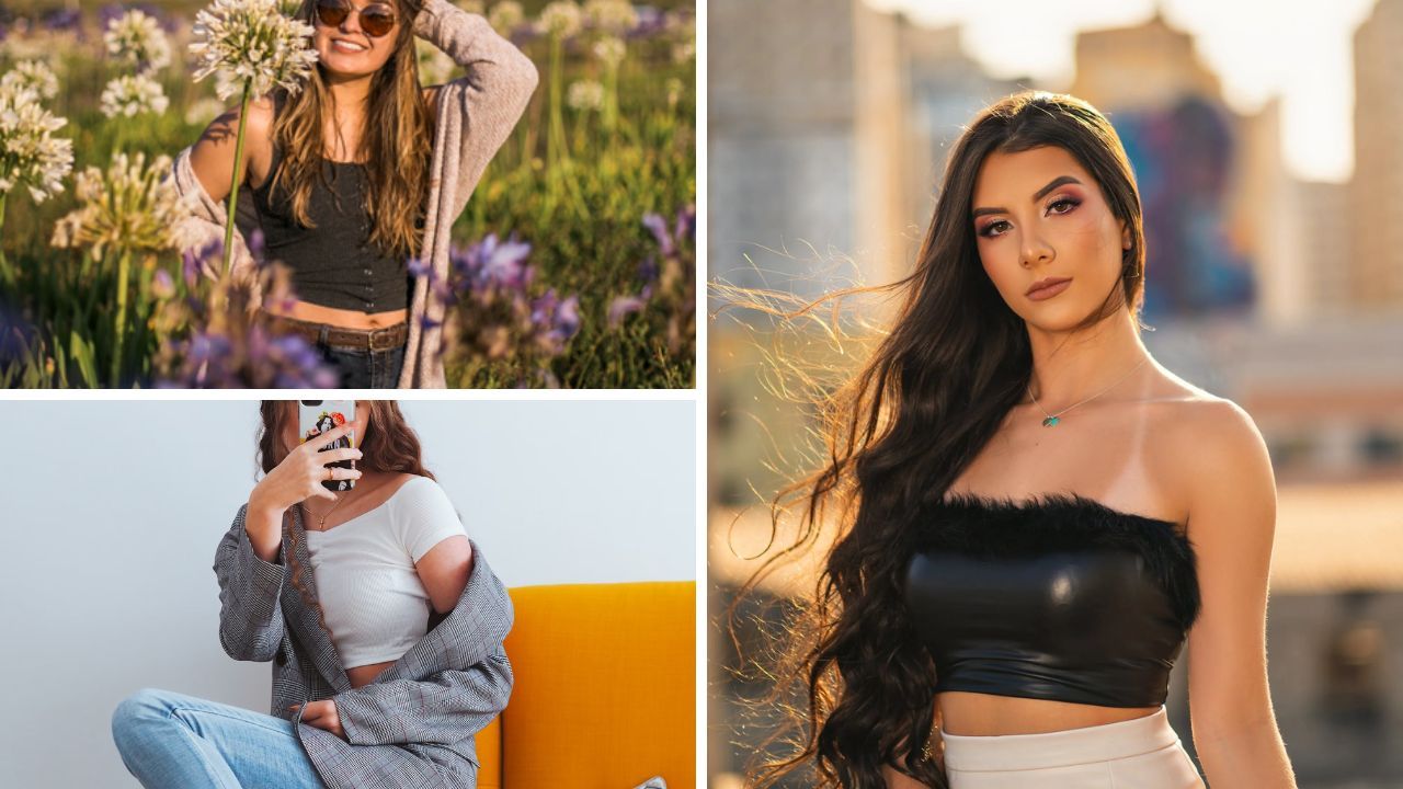 Photos of women wearing various crop top styles and colors