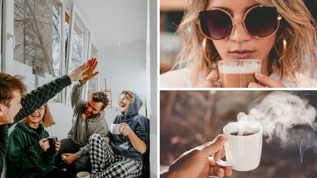 Photos of folks enjoying drinking their favorite cup of coffee with creamer.