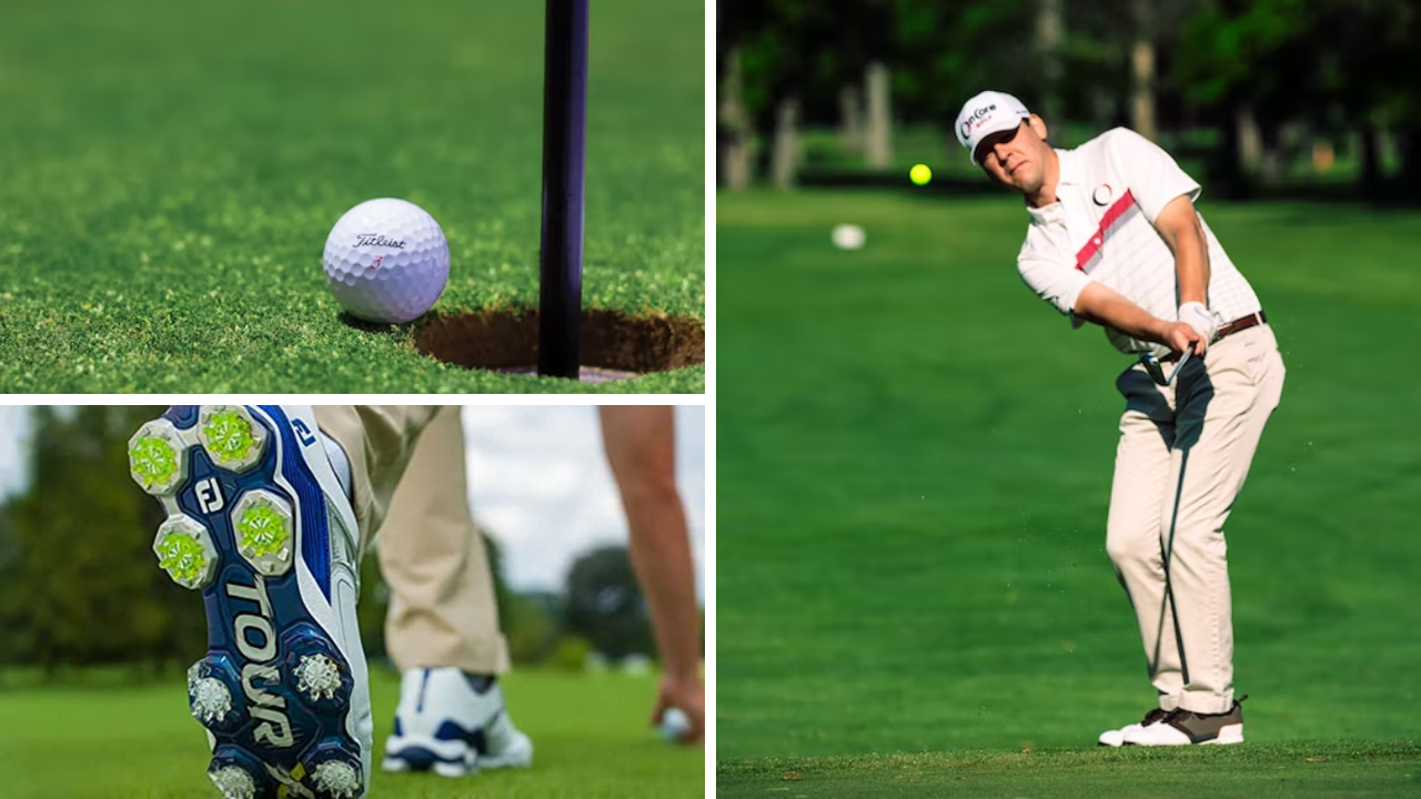 Photos of golfer, shoes and ball on the green.