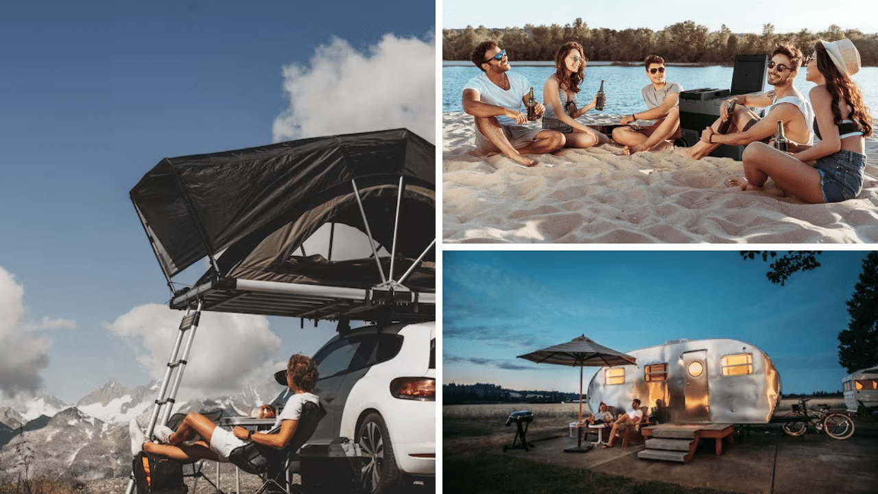 Photos of camping using a portable refrigerator or cooler