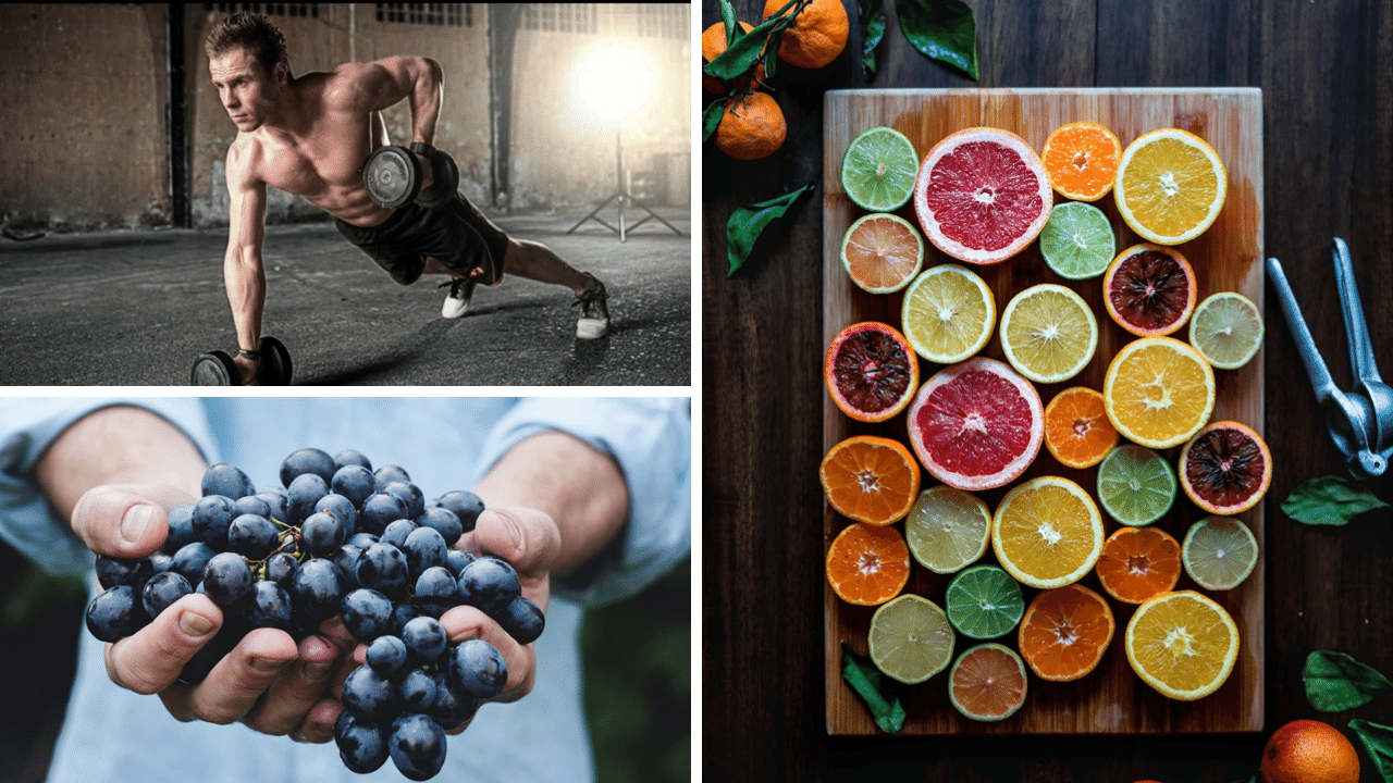 Photos of fruit and exercise that support intermittent fasting