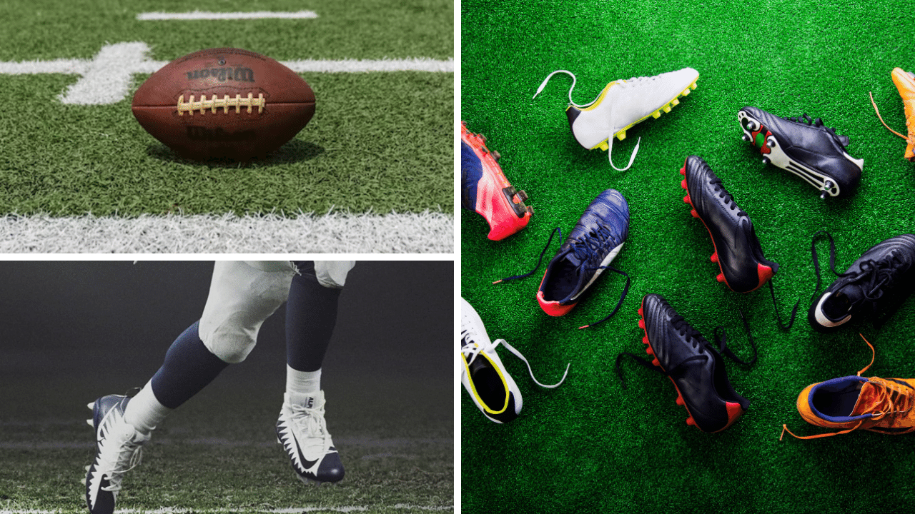 Photos of football cleats and a football on a turf field