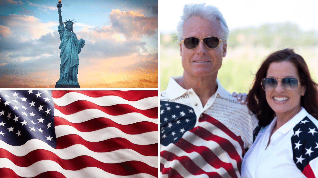 Images of American Flag, Statue of Liberty and a couple wearing Flag Shirts