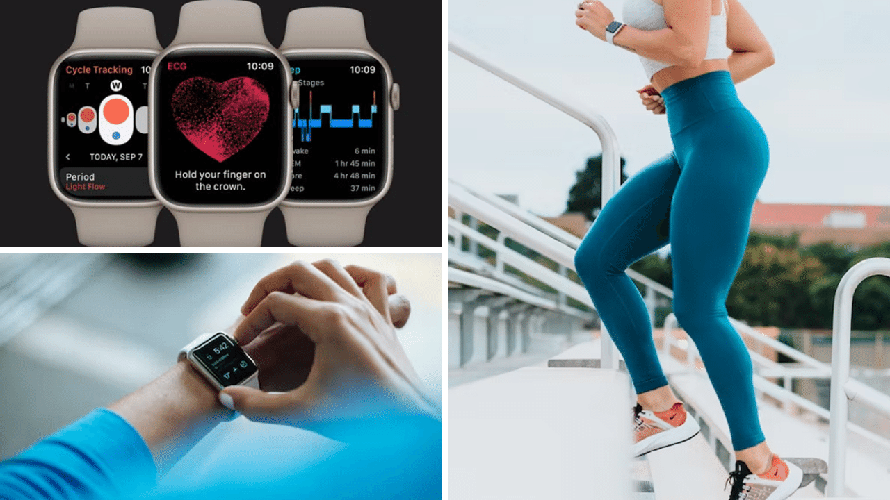 Photos of fitness trackers in use or previewed for sale.