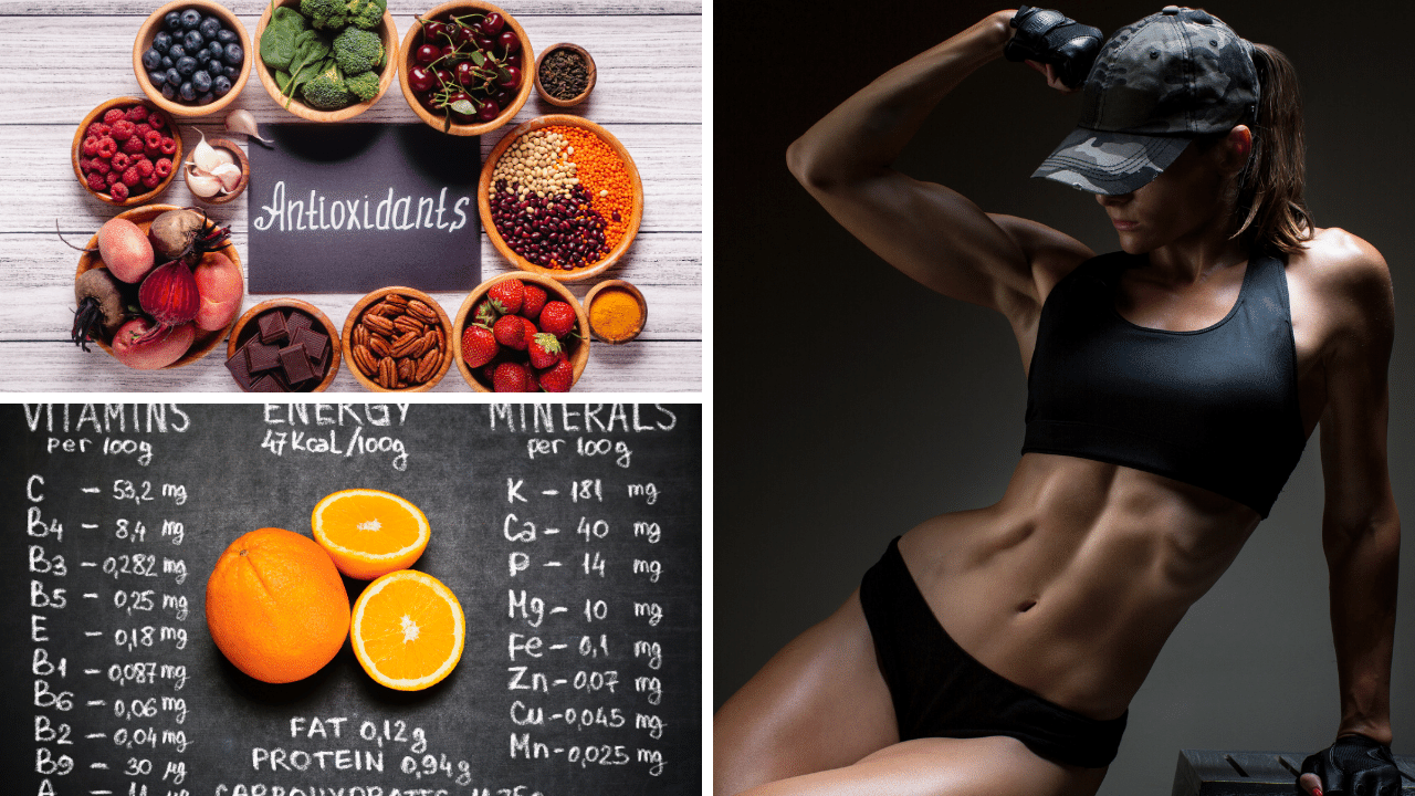 Photo of female weight lifter and images of antioxidants, vitamins and minerals.