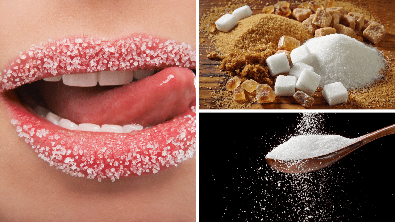 Images of sugar in various forms such as powder or lumps
