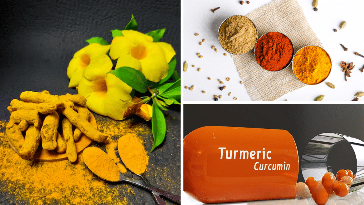 Photos of Turmeric in various pill and powder forms.