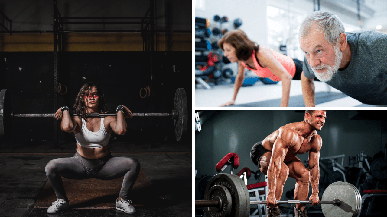 Photos of various athletes exercising with weights