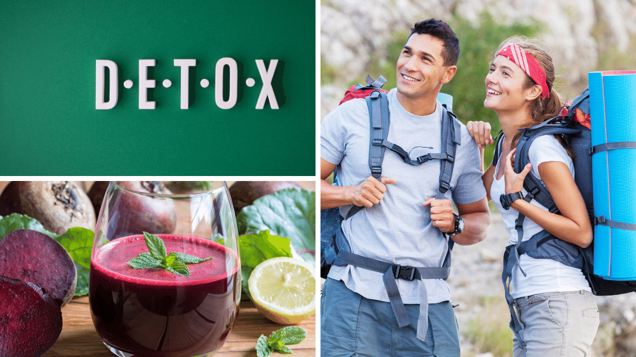 Photo of active couple hiking and a glass of delicious Beet Juice