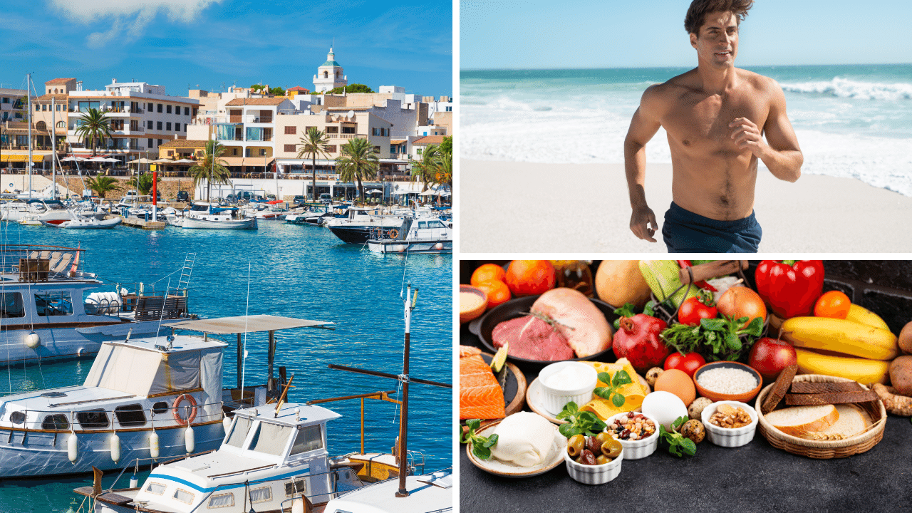 Photos of Mediterranean seaside, diet plan and exercise in support of the Mediterranean diet