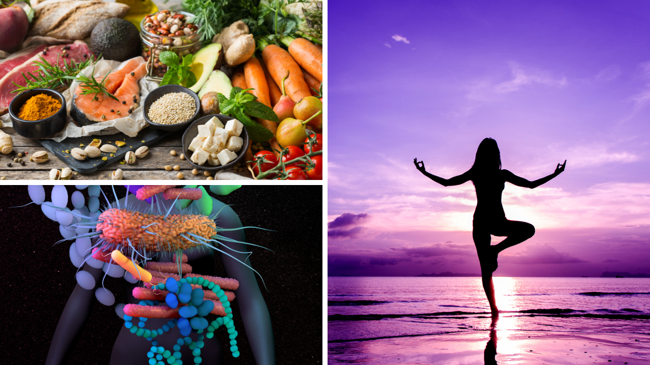 Images of the Gut, healthy food and relaxation in support of the Gut-Microbiome